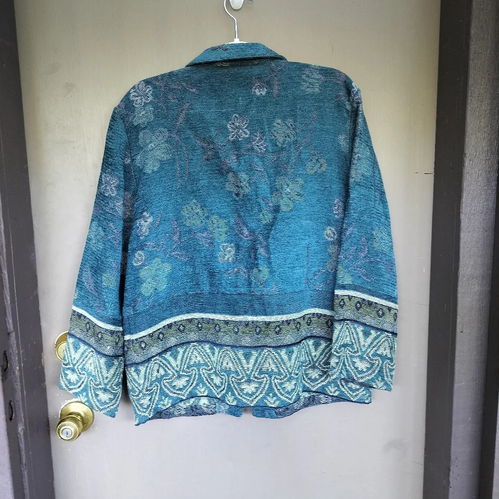 Sag Harbor 90s Boho Bohemian Tapestry Fabric Teal Jacket Floral - Picture 6 of 6